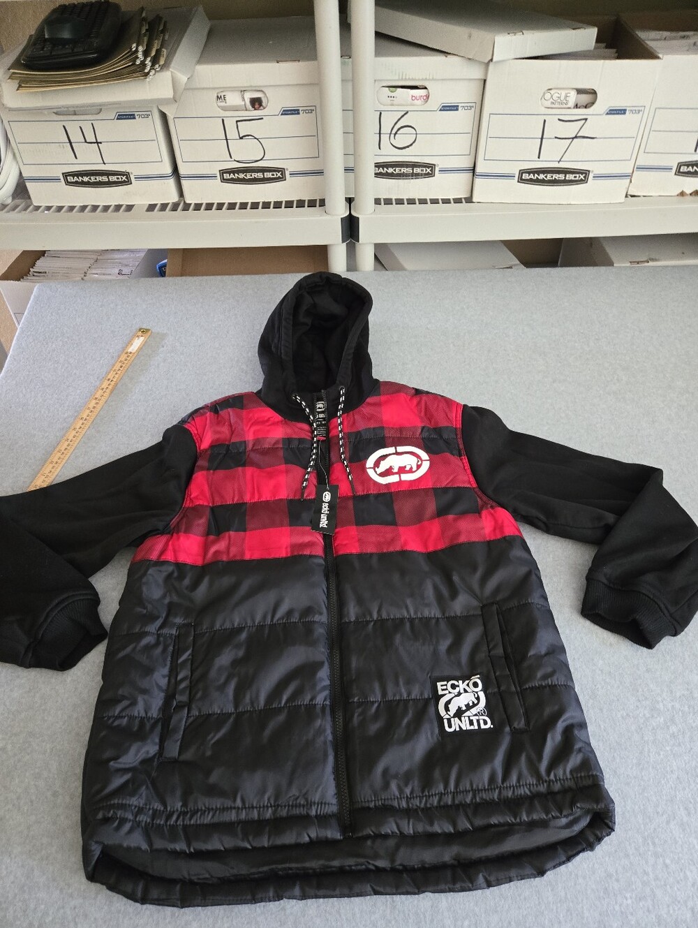 Ecko Unlimited Black and Red Plaid Hooded Puffer Jacket Large